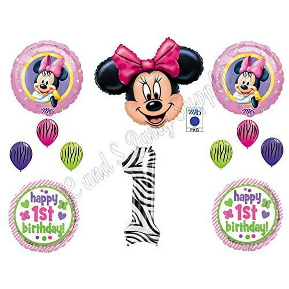 MINNIE MOUSE & Zebra 1st First BIRTHDAY PARTY Balloons Decorations Supplies
