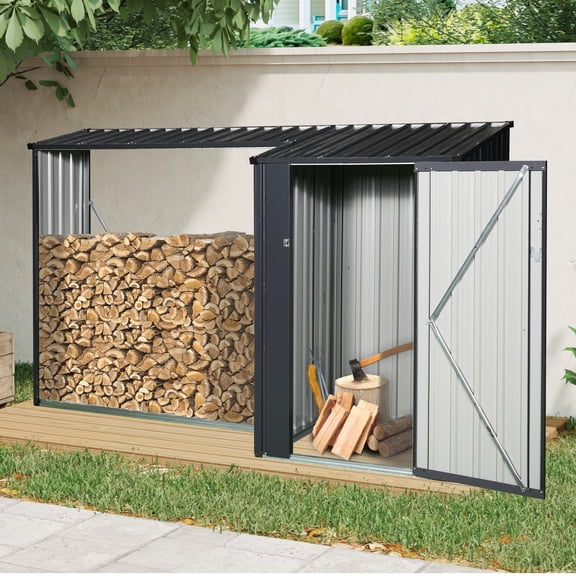 Outdoor Steel Firewood Rack Storage Shed,2-in-1 Function w/ Sloped Roof,Lockable