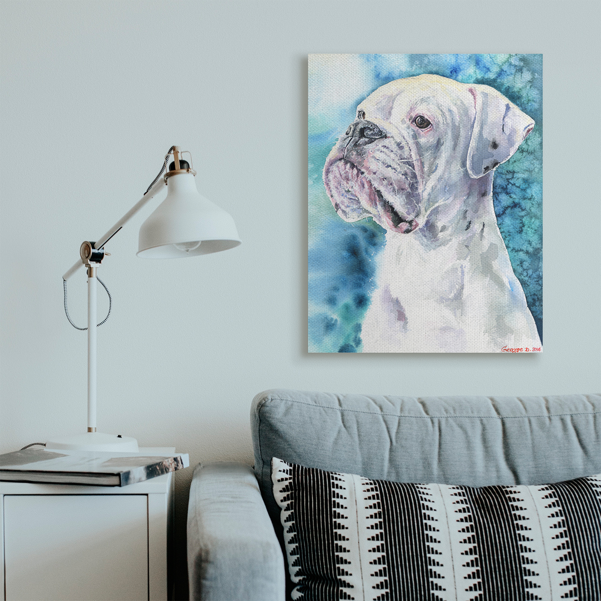 Stupell Industries White Boxer Gaze Pet Dog over Blue Canvas Wall Art, 30 x 40, Design by George Dyachenko