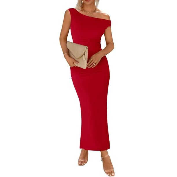 Vestido largo BTFBM de verano con un solo hombro y abertura fruncida de malla para mujer