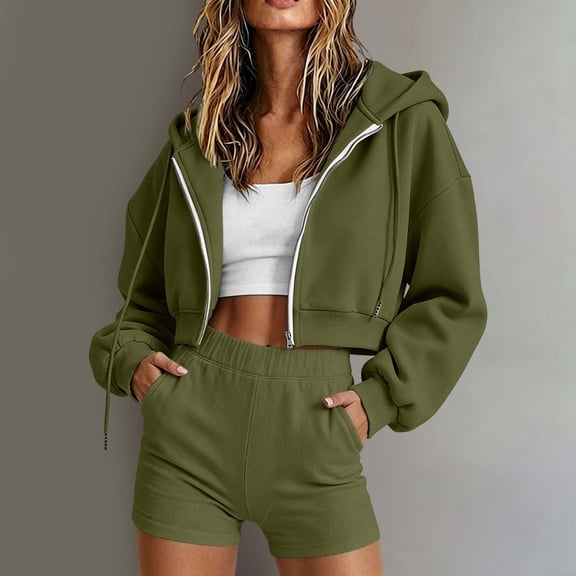 JUSLIO Hoodies for Women Solid Long Sleeve Hooded Short Sweatshirt with Pocket Shorts Set Elastic Waist Lightweight Athleisure Hoodies Sweatshirts Army Green L