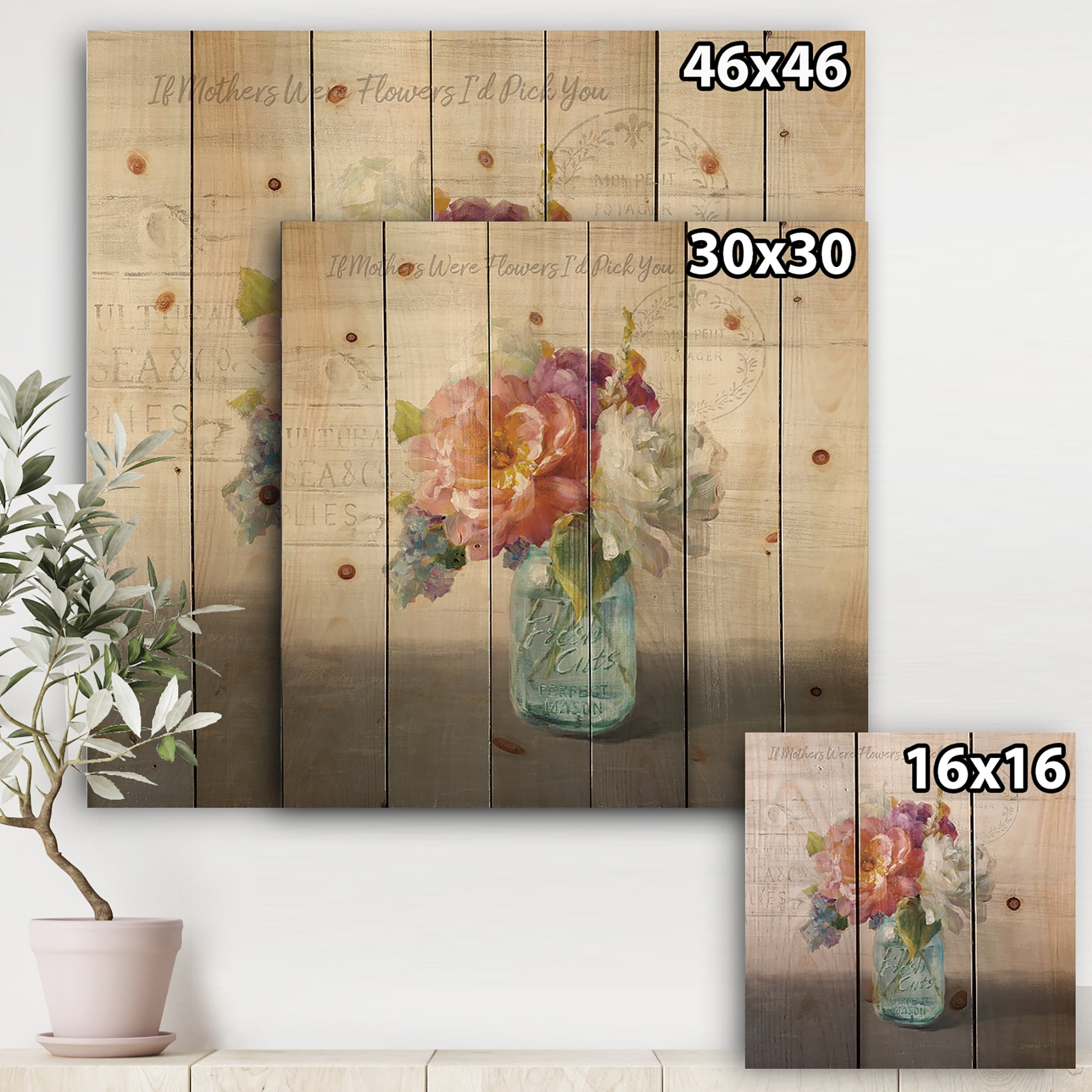 Designart 'French Cottage Bouquet In Glass Jar Mothers' Cottage Print on Natural Pine Wood