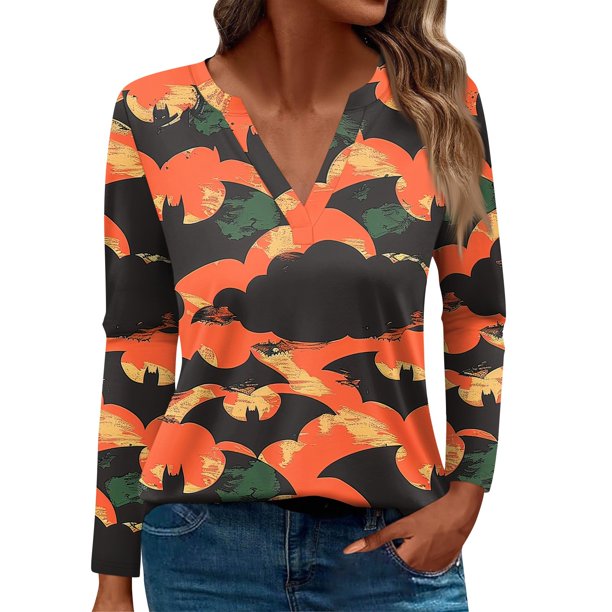 Camiseta de mujer Camiseta estampada de Halloween Manga larga Diario Fin de semana Moda Básica Cuello en V Top regular