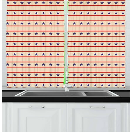 Navy Blue And Red Living Room Primitive Country Curtains 2 Panels Set, Horizontal Borders Patriotic Stars Nostalgic USA Design Pattern, Window Drapes for Living Room Bedroom, 55W X 39L Inches, Cream Navy Blue Red, by Ambesonne ()