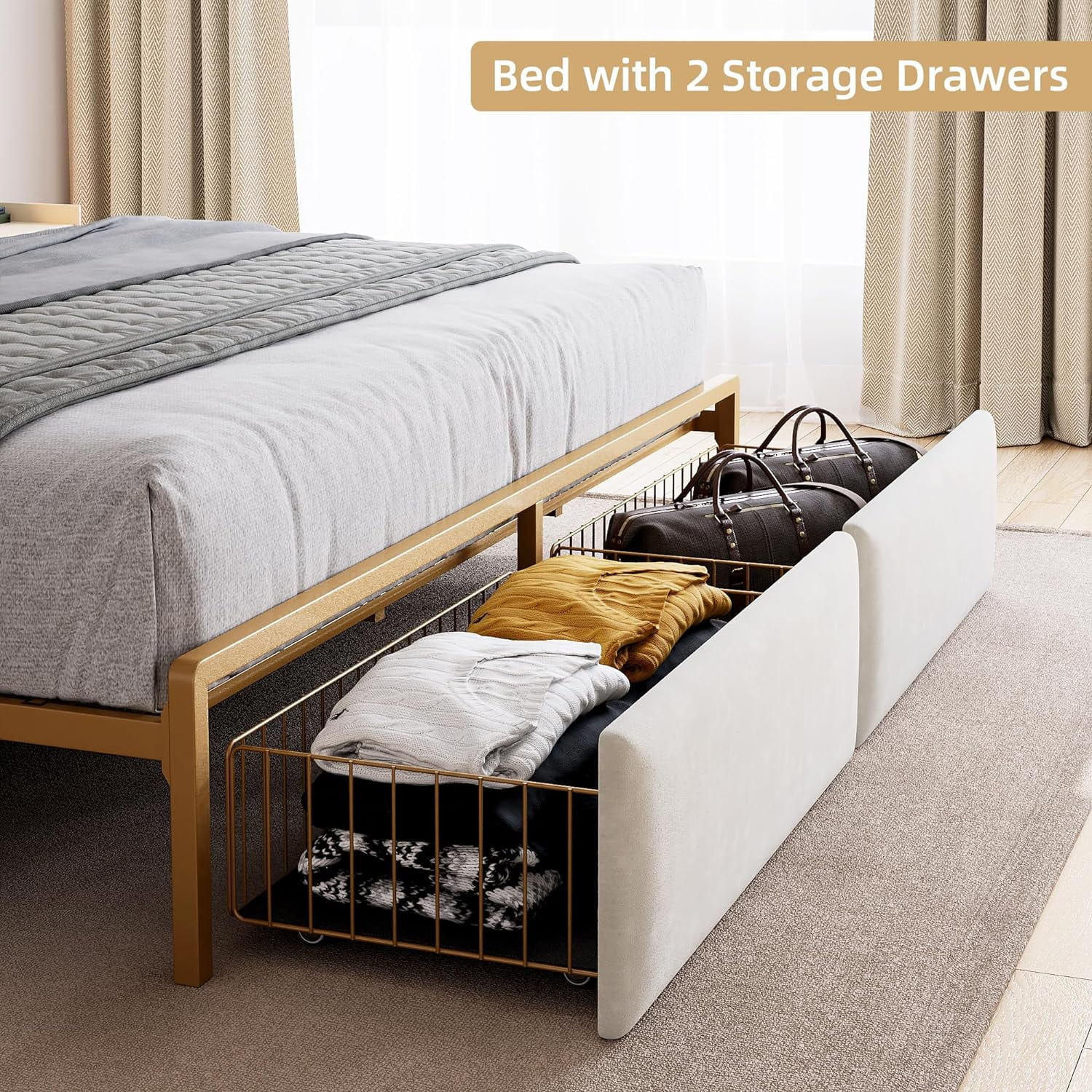 Historyli King Size Bed Frame with RGB LED Lights,Storage Headboard & 2 Storage Drawers,Upholstered Platform Bed with USB Ports & Outlets,Noise Free,Easy Assembly,No Box Spring Needed,White