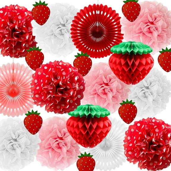 Strawberry Party Decorations-Tissue Pom Poms Paper Fans Honeycomb Ball Lanterns Garland for 1st Birthday, Bridal ,Baby Shower Decor