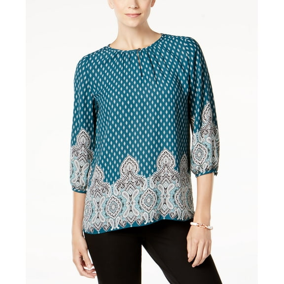 Charter Club Petite Mixed Print Blouse Deep Pine Combo PXS
