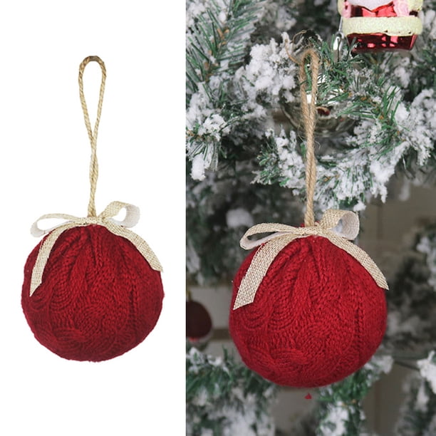 Adornos navideños tejidos en lana y lino, esferas decorativas para árbol de Navidad, colores rojo, verde y blanco, tamaño 8x8x3 cm, peso ligero de 19g, ideal para regalos festivos.