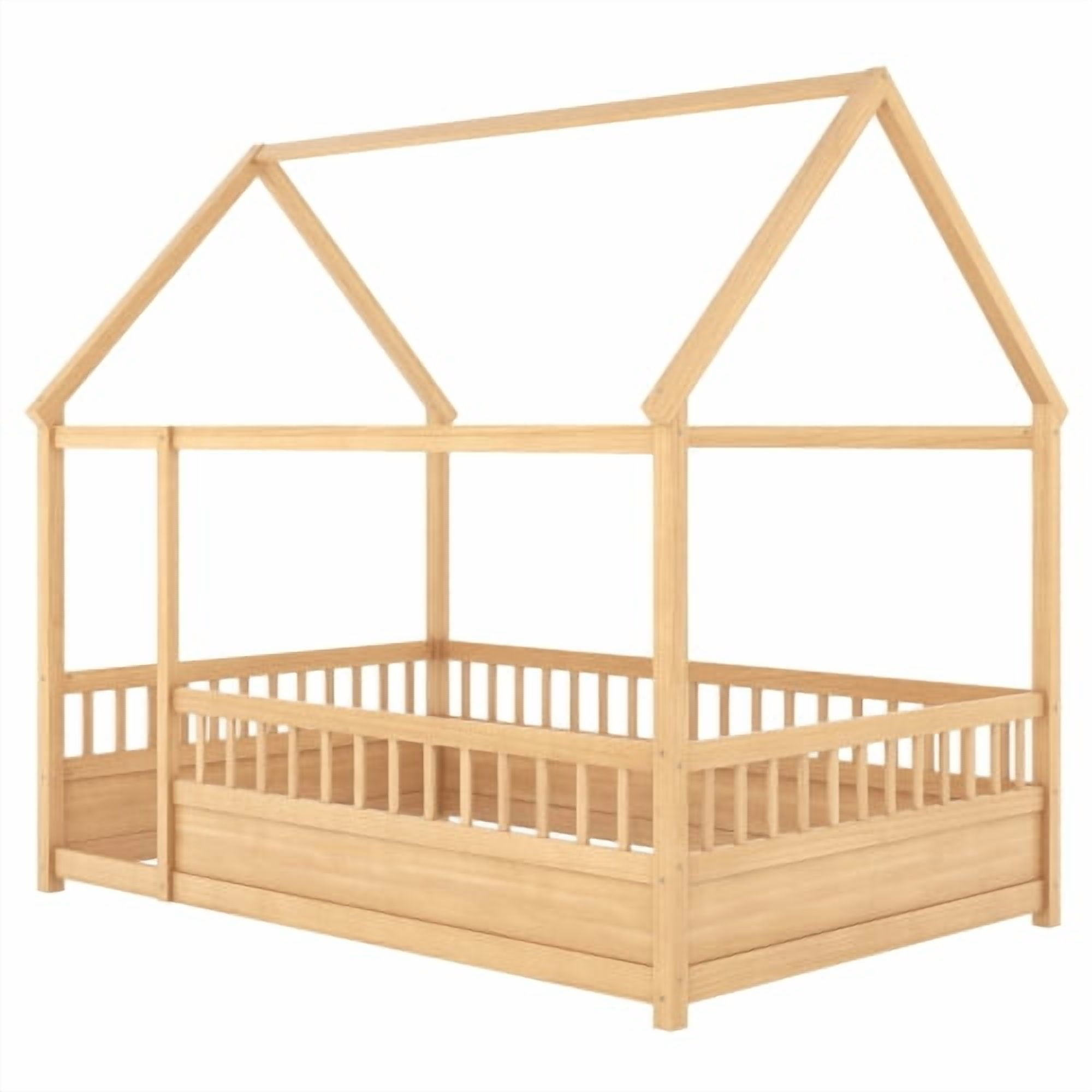 Bellemave Full Size Floor Bed, Wood Full House Bed with High Fence, Safe Playhouse Montessori Floor Bed, Natural