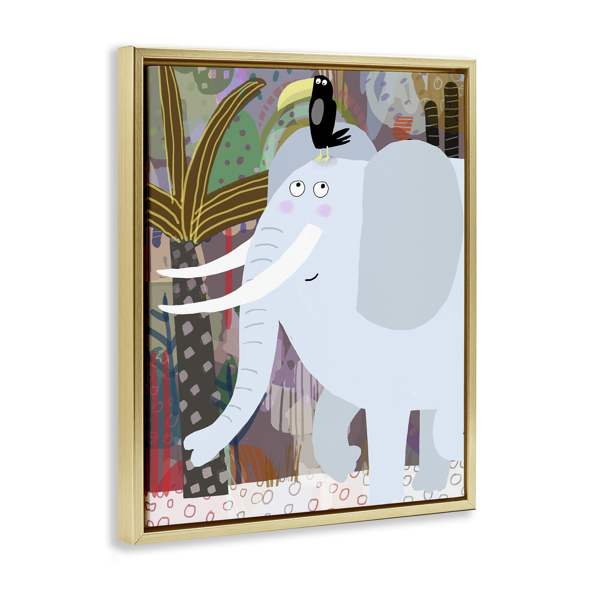 Elephant & Toucan in Jungle Gold Framed Floater Canvas Wall Art, design by Carla Daly