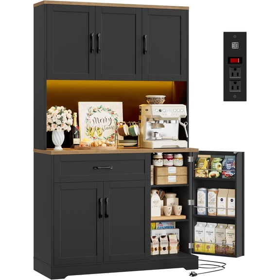 71" LED Kitchen Pantry Cabinet with Power Outlet, Tall Hutch Storage Cabinet with Microwave Stand & 6 Door Shelves, Modern Food Pantry Cabinets with Drawer for Kitchen Dining Living Room, Black