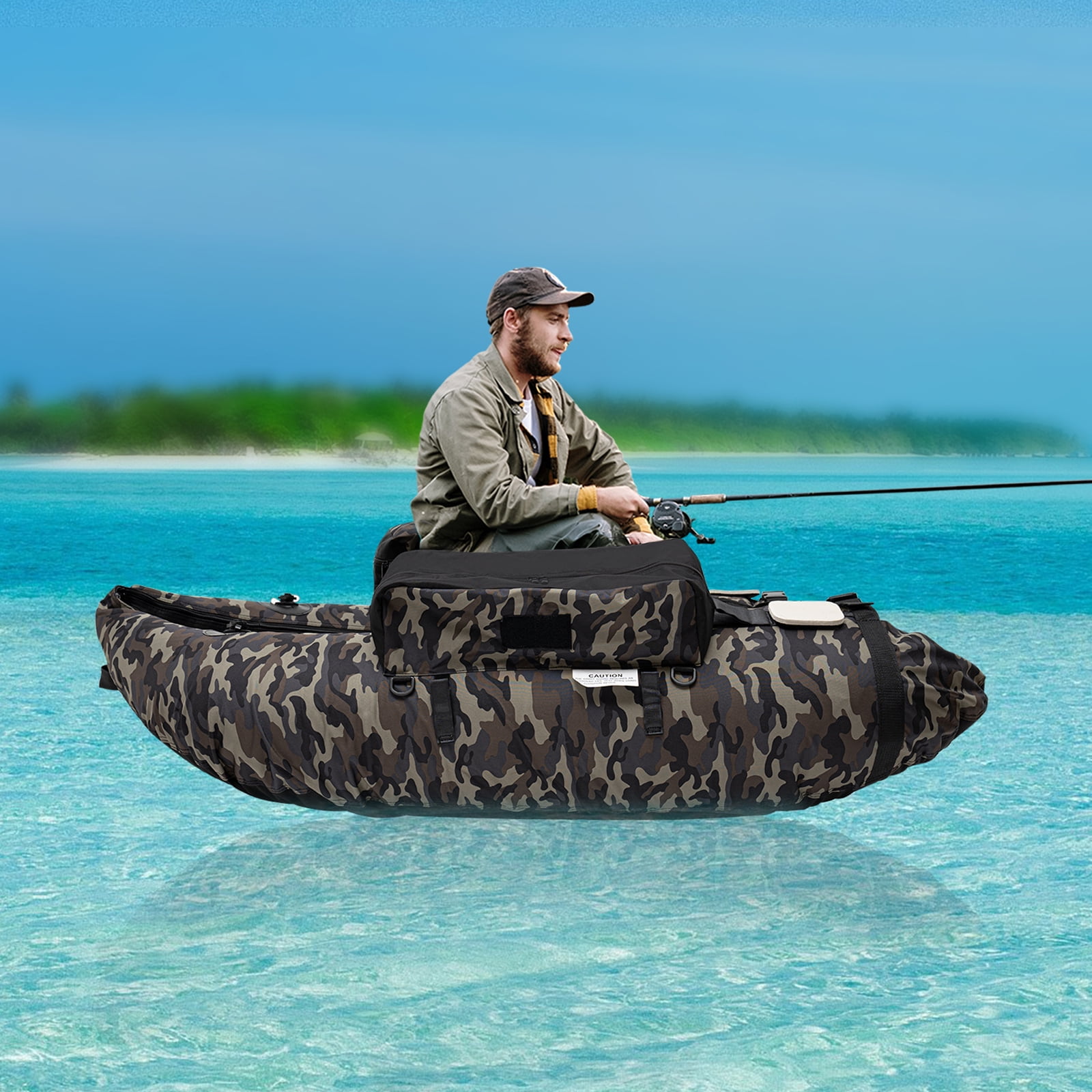 Wildnix Portable Inflatable Fishing Boat with Oar and Fins, Camouflage, 286.6 lbs Load Capacity, Adjustable Backrest, Storage Pockets
