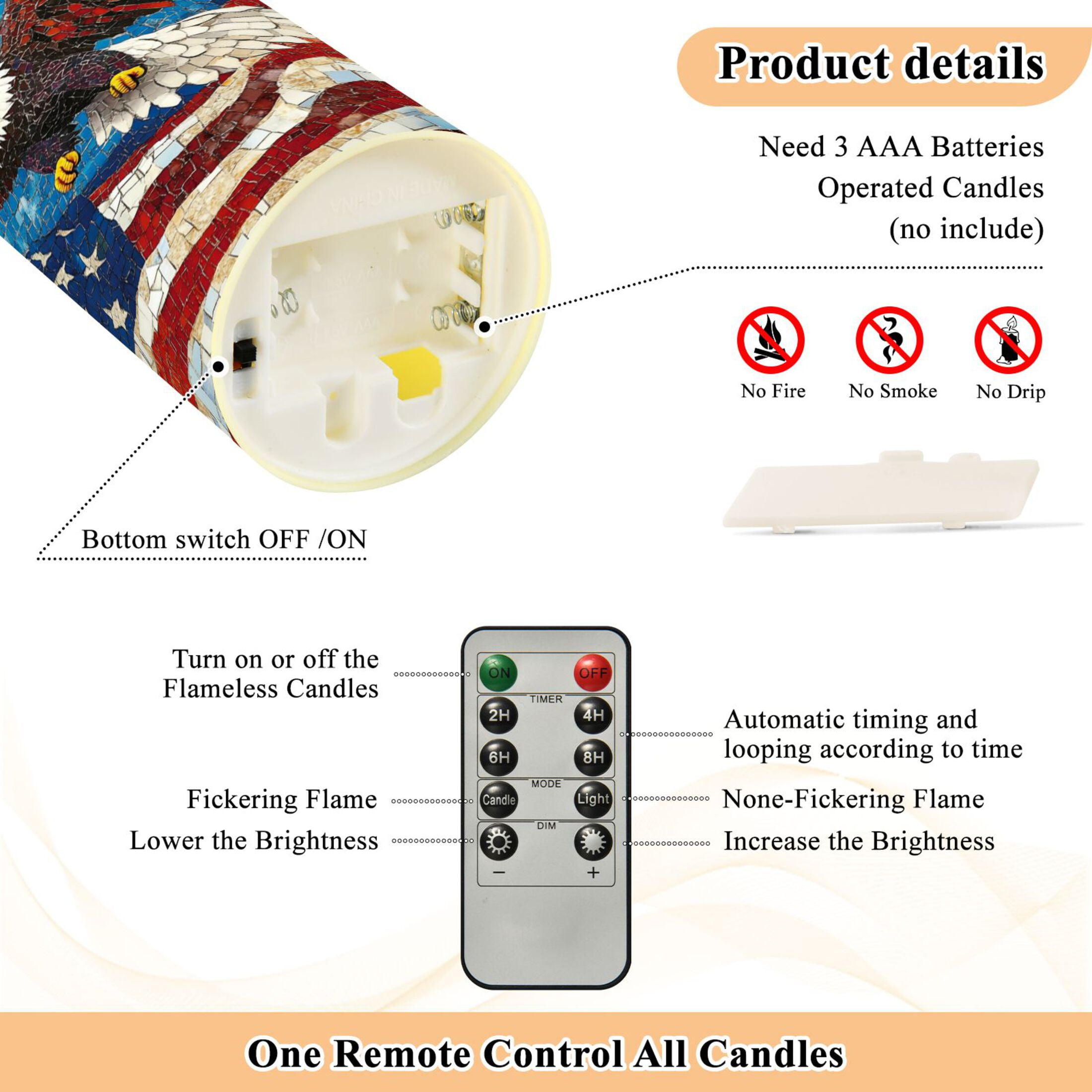 Wobogo American Flag Bald Eagle Flameless Candles with Remote Battery Operated Flickering LED Candles with Timer 2/4/6/8H Medium Size