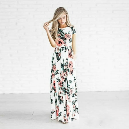 Boho Beach Dresses For Women Casual Short Sleeve Dress For Women Floral Long Maxi Dress With Multi Color Womens Beach Sundress Size S