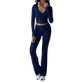 thumbnail image 3 of Women'S Workout 2 Piece Lounge Sets Long Sleeve Tops Foldover Flare Pants Casual Outfits Tracksuit Navy Blue XS, 3 of 7