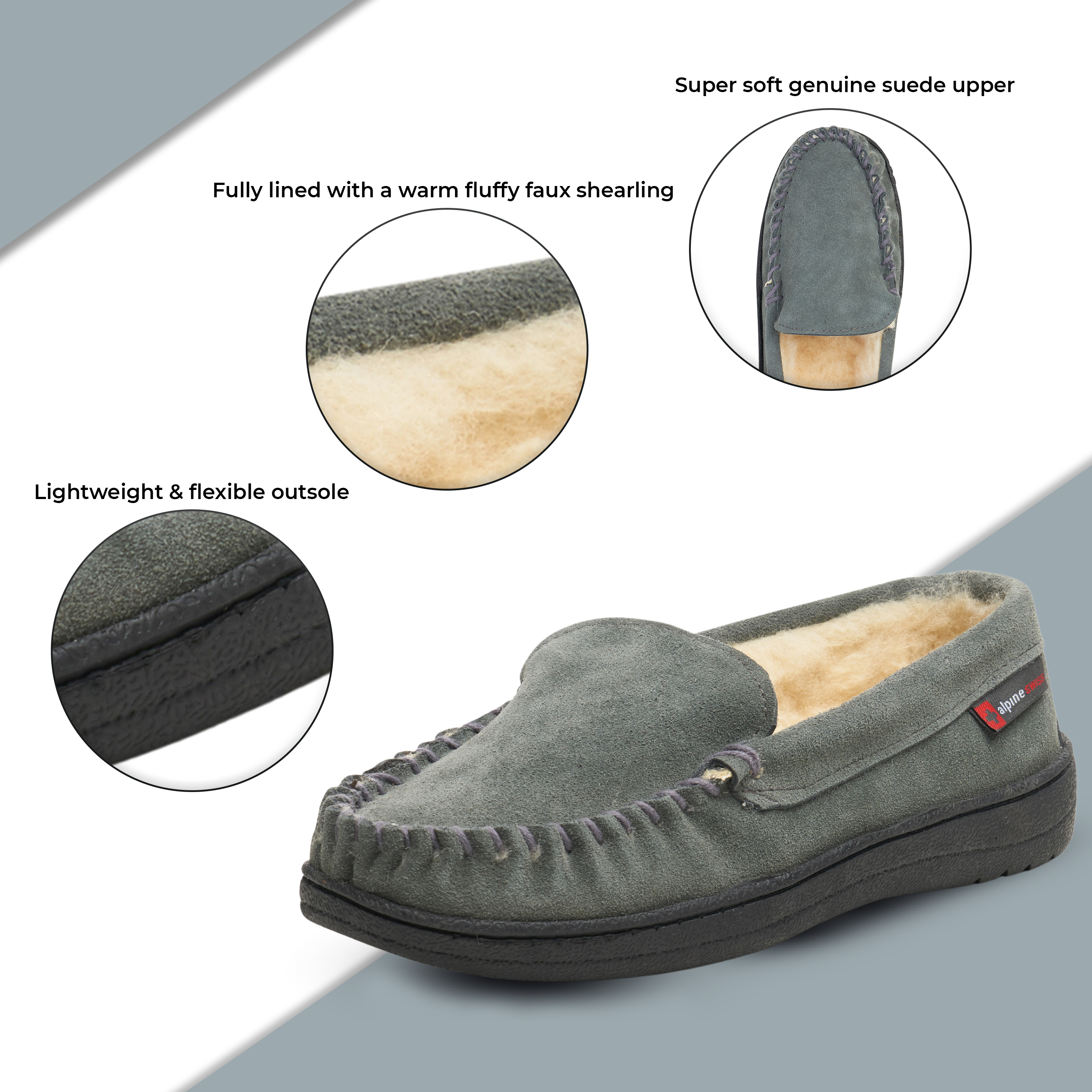 Alpine Swiss Yukon Mens Suede Shearling Moccasin Slippers Moc Toe Slip On Shoes - image 3 of 7