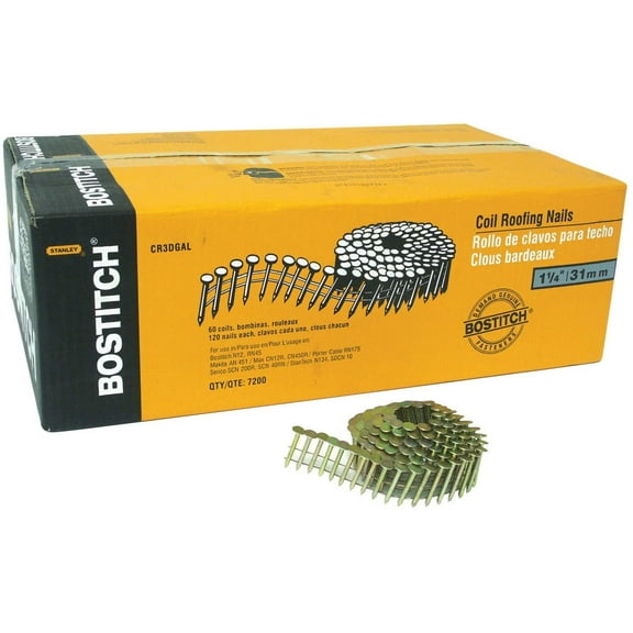 BOSTITCH CR2DGAL 1-Inch 15 Degree Smooth Shank Coil Roofing Nails 7,200 per Box