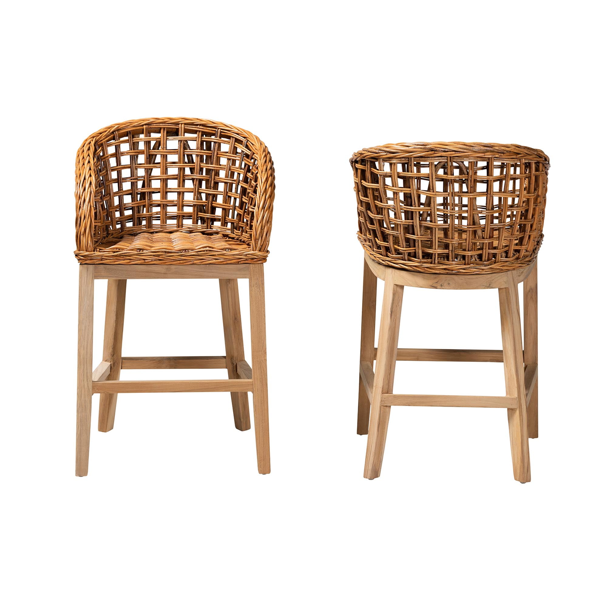 bali & pari Mario Modern BoHo Natural Brown Finished Teak Wood and Rattan 2-Piece Counter Stool Set