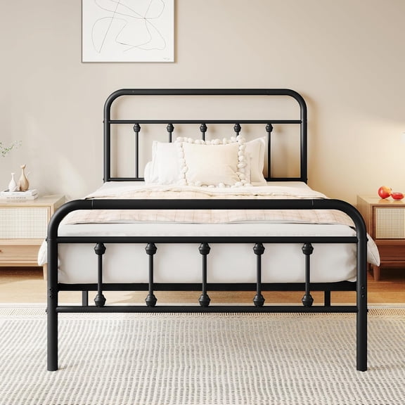 Vintage Victorian Style Black Metal Platform Bed Frame with Decorative Spindle Headboard and Footboard, Heavy Duty Steel Slat Support System, No Box Spring Required, Under-Bed Storage Space