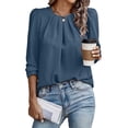thumbnail image 3 of UTSJKR Womens Tops Dressy Solid Casual Pleated Crew Neck Long Sleeve Shirts Office Work Chiffon Blouses Navy L, 3 of 6