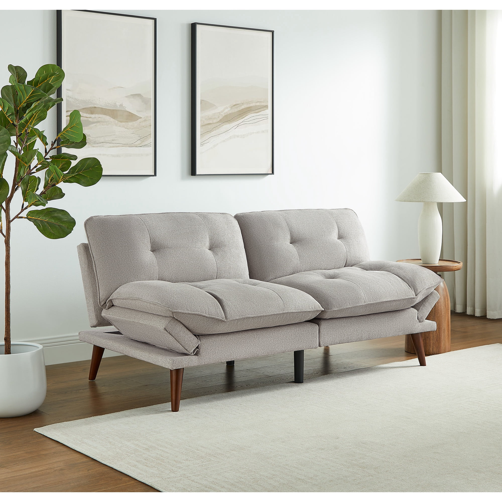 Mainstays 72 in Upholstered Adjustable Arm Futon, Warm Gray