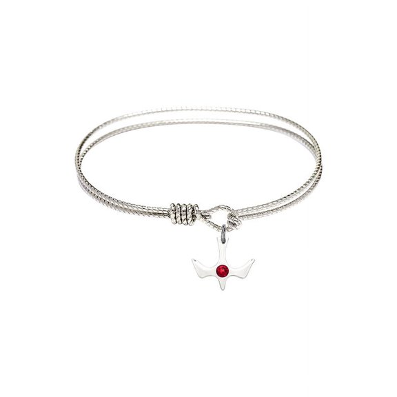 6 1/4 inch Oval Eye Hook Bangle Bracelet w/ Holy Spirit medal charm w/ July Red Swarovski Crystal