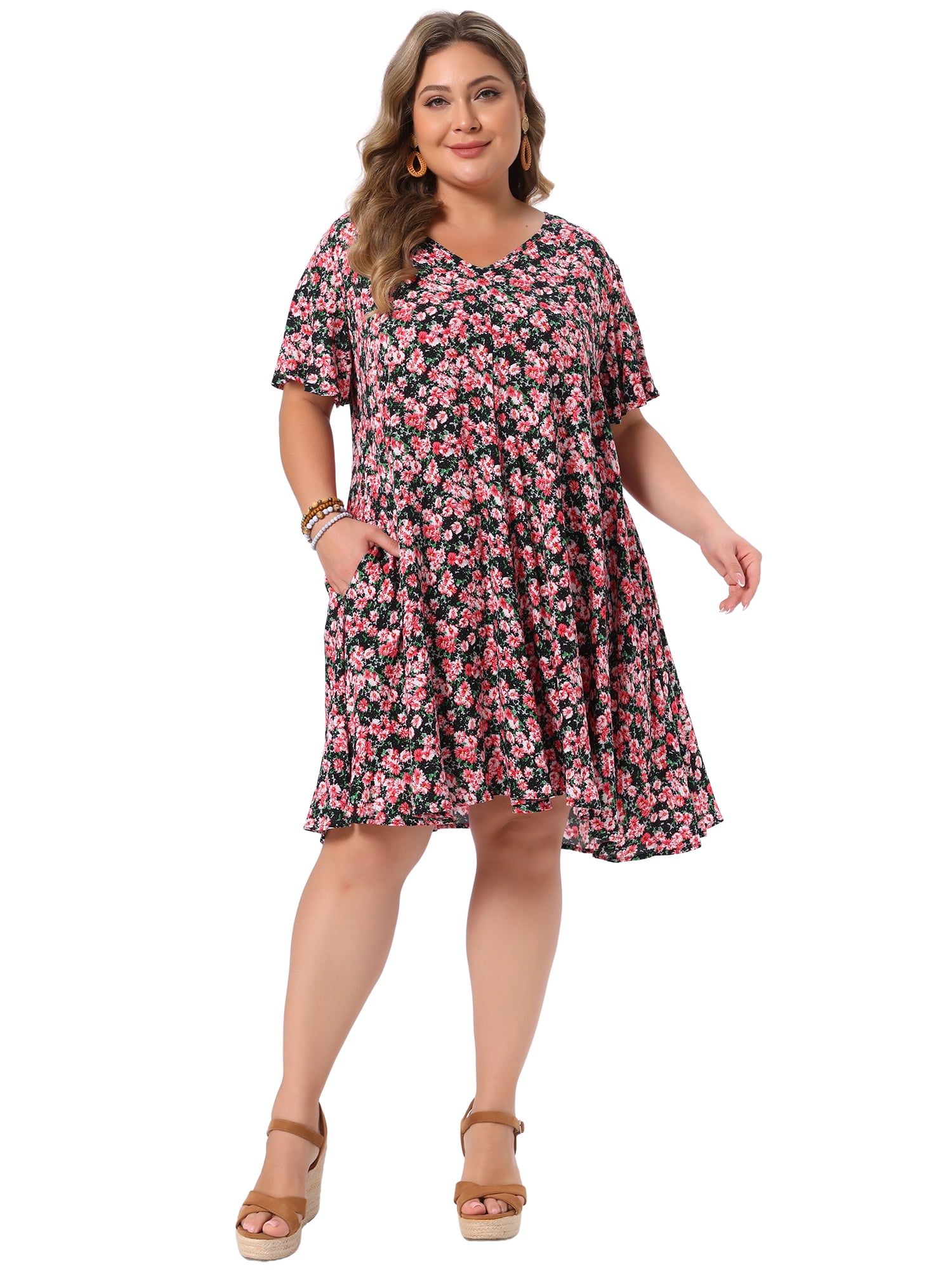 DARING DIVA Women's Plus Summer Short Sleeve V Neck Dress 2X Black