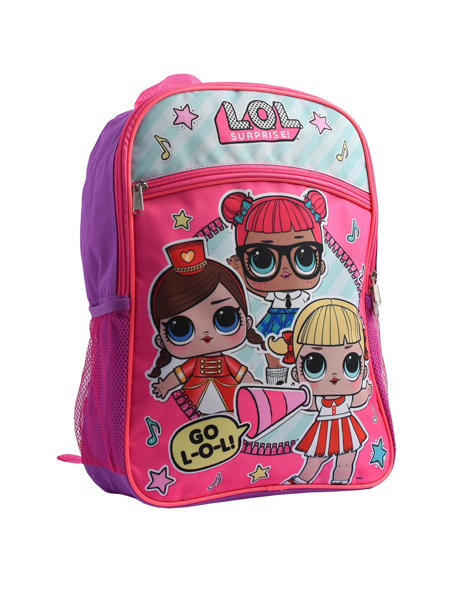 Large One Front Zipper Pocket w// 2 Mesh Side Pockets LOL Surprise 16/" Backpack
