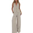 thumbnail image 2 of BLOCLOALO 2 Piece Lounge Set Sleeveless Tops Outfits Solid Color Cotton Linen Button Down Shirt Vest Tank Tops and Wide Leg Pants Set V Neck Blouses Trendy Business Sets Trendy Lounge Sets Beige L, 2 of 9