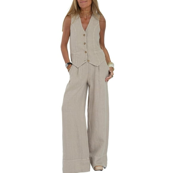 Pavied Two Piece Sets,Lounge Sets,2 Outfits Cotton Linen Button Down Shirt Vest Tank Tops And Wide Leg Pants Set Tracksuit,Matching Sets,Womens Sweatshirt,Tracksuit for Women,Fall Outfits,Beige M