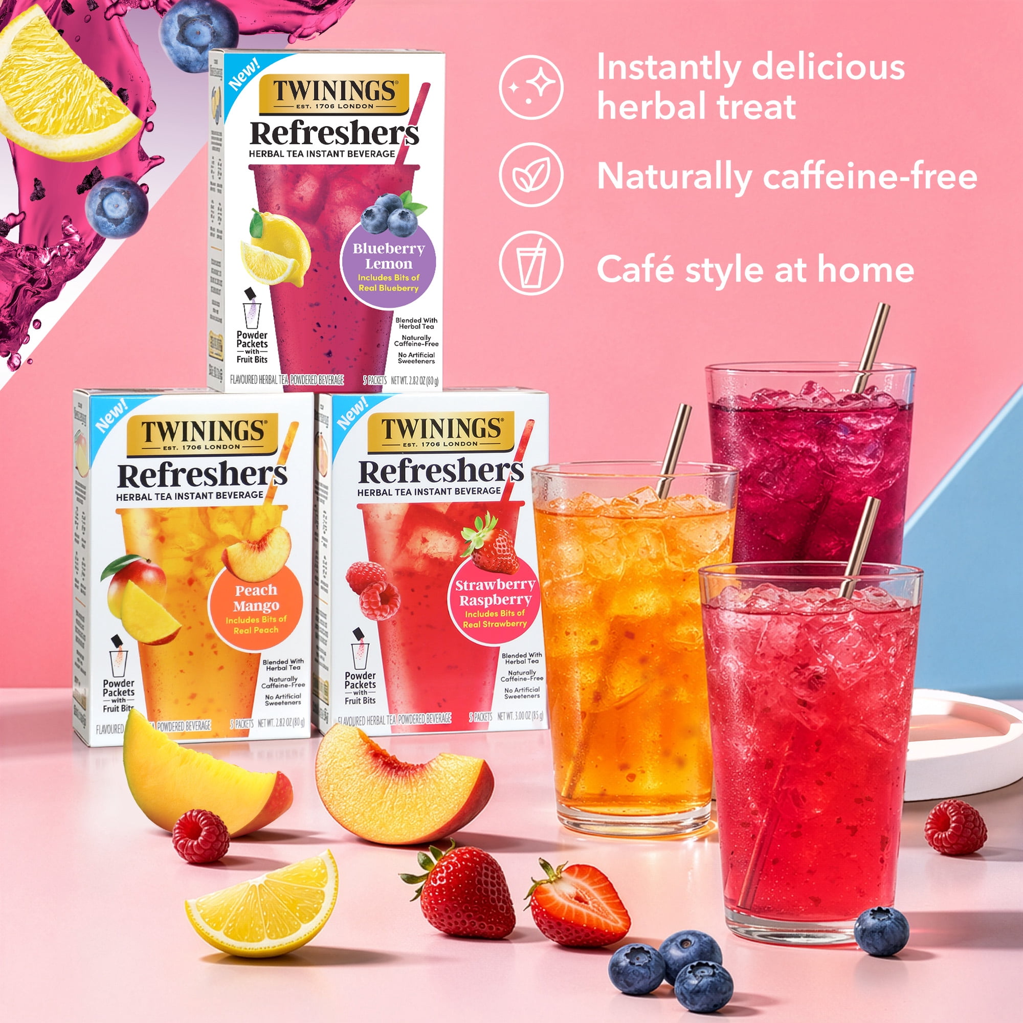 Twinings Refreshers Blueberry Lemon Herbal Tea Drink Mix, Naturally Caffeine Free, 5 Packets
