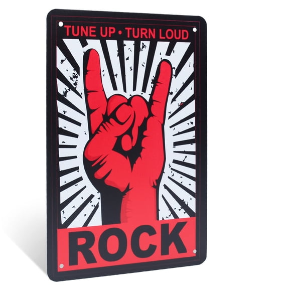 Tune Up Turn Loud Rock On Tin Wall Sign Heavy Metal Devil Horns Man Cave Bar Bedroom Decor Musician Gift