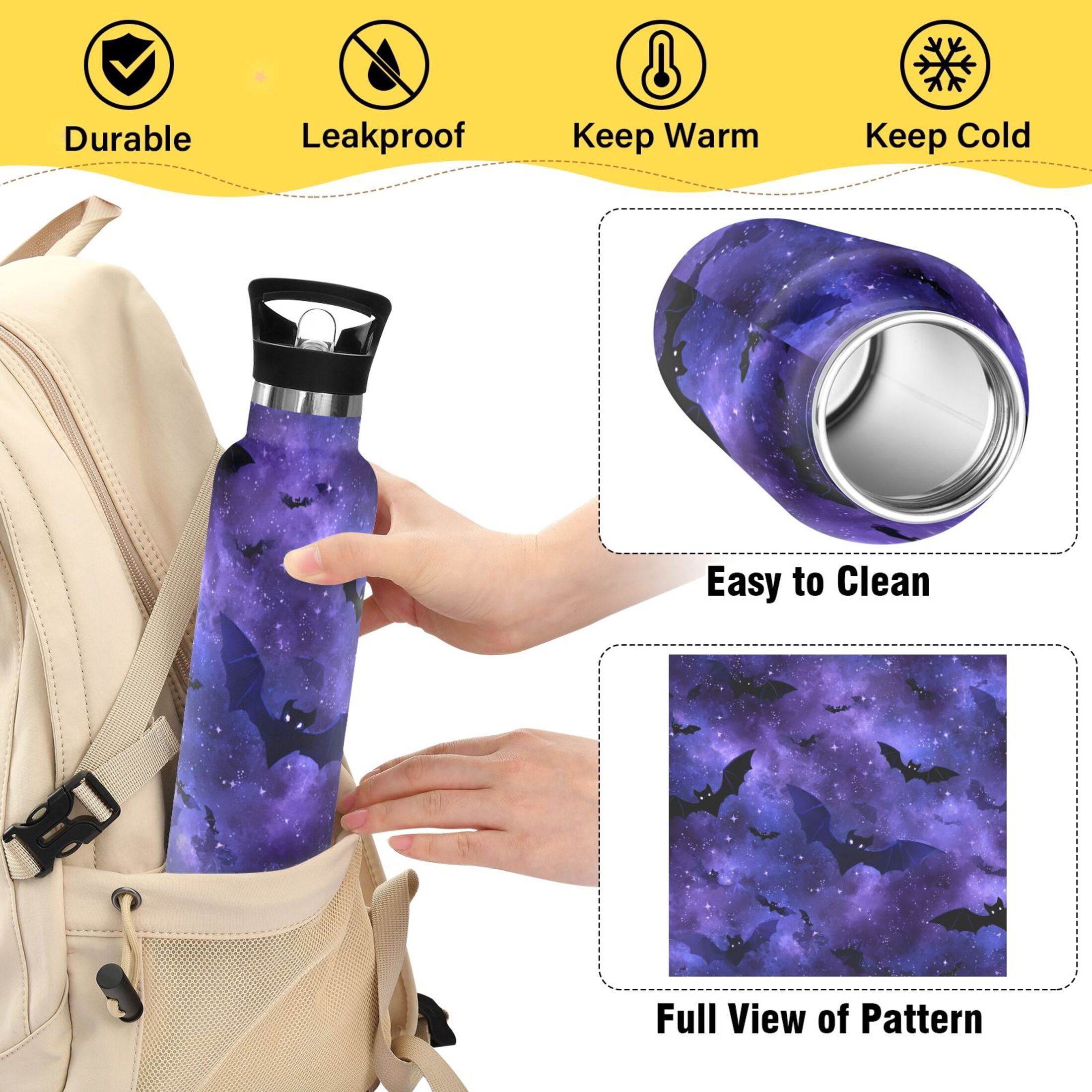 Kids Insulated Stainless Steel Sports Water Bottle 600ml (20oz) Bats in The Night Sky