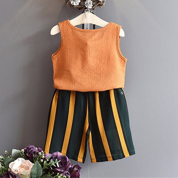 Vedolay Two Piece Sets For Girl Girl's Summer 2 Piece Outfits Print Halter Tank Top Button Front Belted Shorts Set,Yellow 4-5 Years