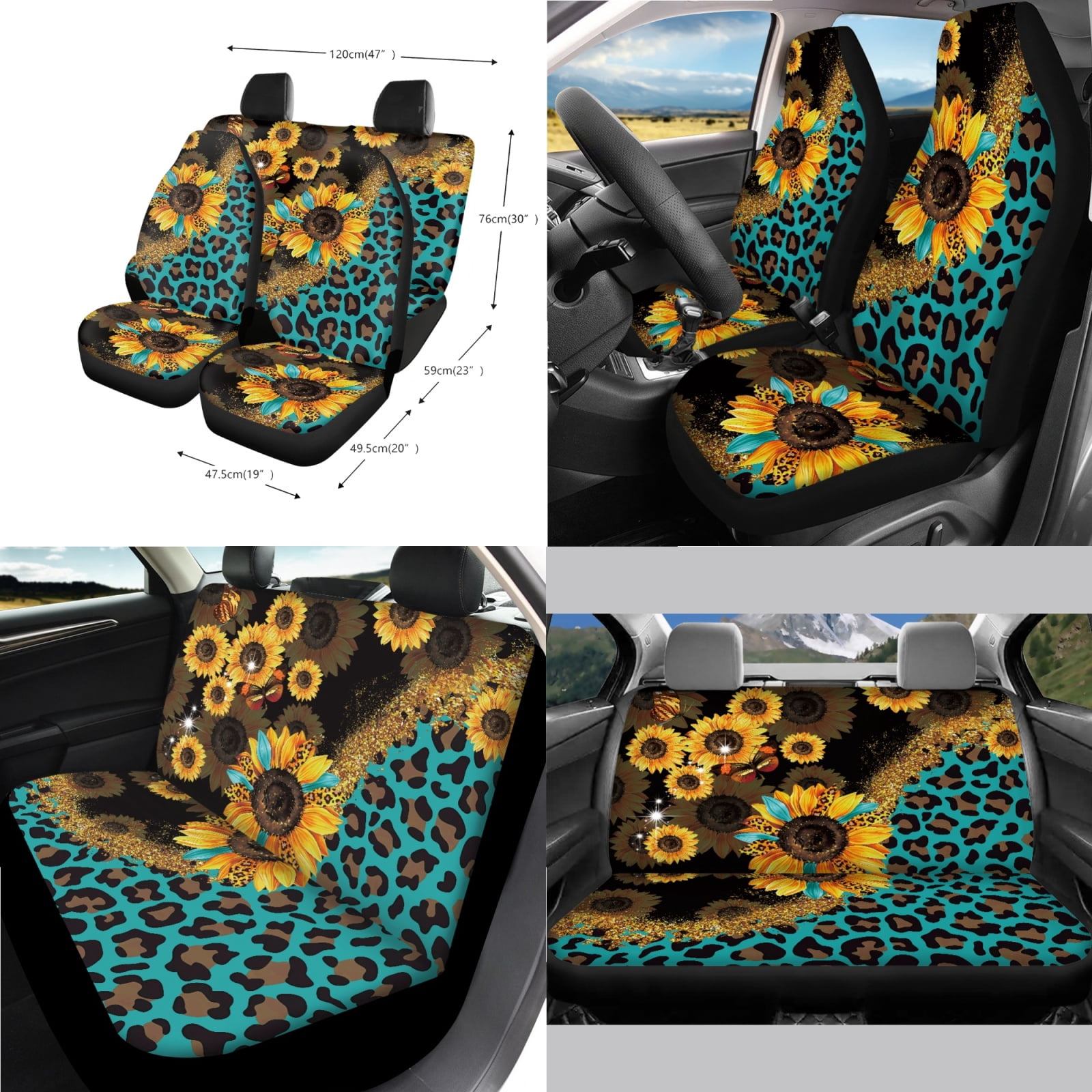 Jeiento Sunflower Car Seat Covers Front Rear Full Set Steering Wheel Cover Seat Belt Pads Coasters Waste Bin Leopard Print Armrest Cover Cup Holders Rearview Mirror Cover Handbrake Cover Set, 14 PCS