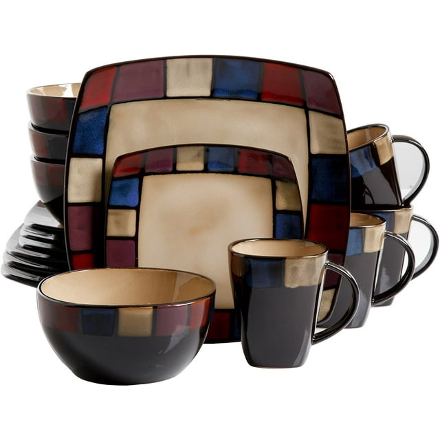 Gibson Elite Soho Lounge Square 16-Piece Mosaic Reactive Glaze Dinnerware Set Service of 4, Stoneware, Multicolor