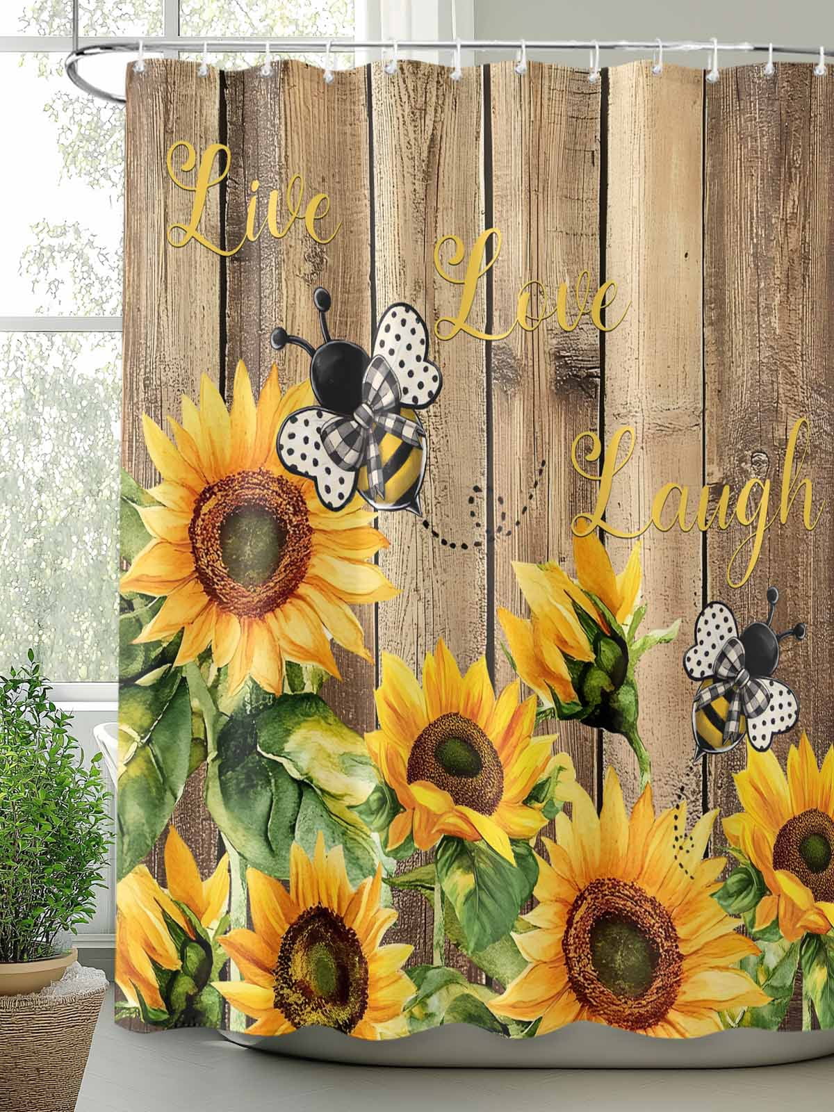 Farmhouse Sunflower Shower Curtain, Live Love Laugh Bathroom Decor Curtains Set with Hooks, Vintage Brown Wood Waterproof Fabric Home Accessories， 72 X 84 Inch Extra Long