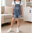 thumbnail image 3 of KIDSCOOL Girls Denim Overall Shorts Ripped Raw Hem Jeans Shortalls Jumpsuit,Light Blue,5-6 Years, 3 of 8