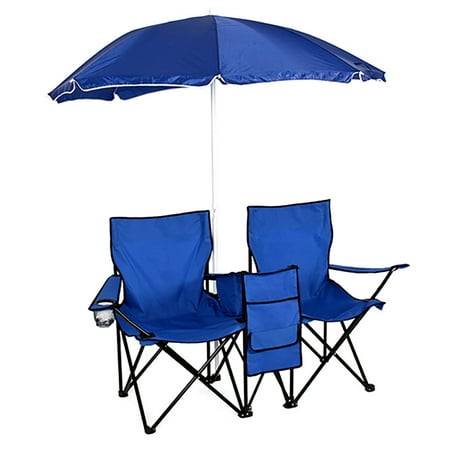 Joyfeel 2 Pcs Beach Camping Chair Anti-UV Umbrella Fishing Camping Chair Outdoor 2-Seat Folding Stool Beach Leisure Lounge