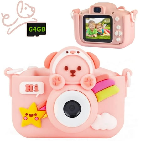 QUWANBAO Kids Camera for 3-12 Boys Girls, 1080P HD Digital Video Camera with 64GB SD Card for Christmas Birthday, Multi-Functional Cute Portable Toys, Dog, Pink