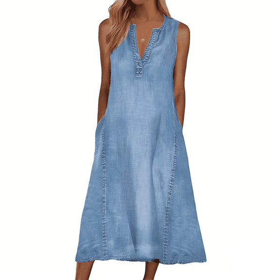 Women's Denim Dress V Neck Sleeveless Jean Midi Dresses