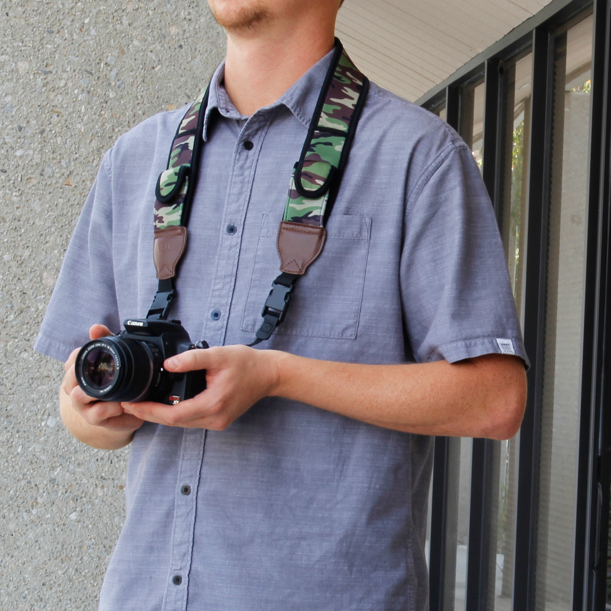 TrueSHOT Camera Strap with Camouflage Neoprene Design and Accessory Storage Pockets by USA Gear
