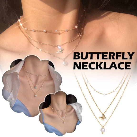 SSKFHGI Gold Micro-Inlaid Bow Pearl Pendant Necklace Small Pearl Beaded Clavicle Chain Multi-Layer Bead Pendant Necklace