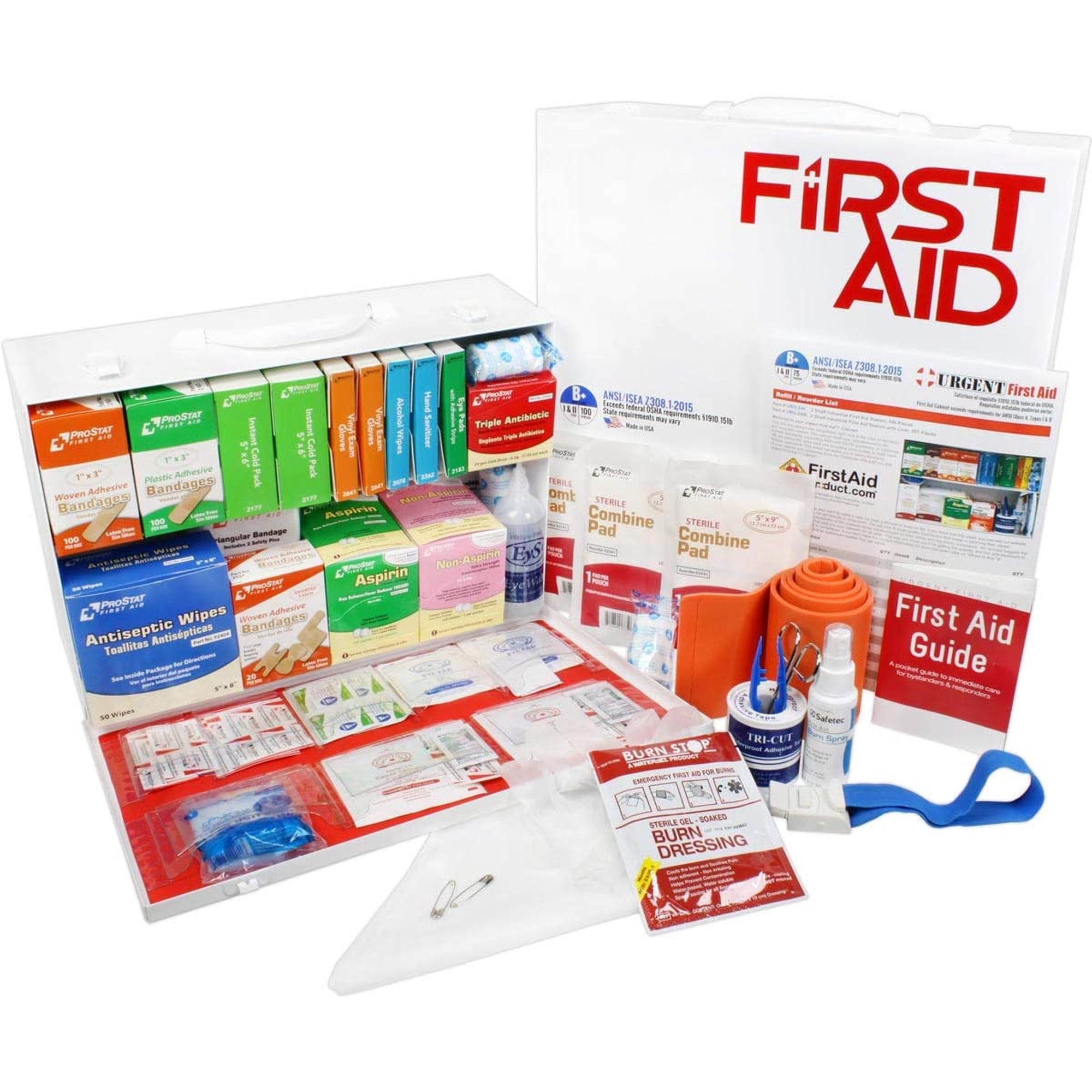 OSHA & ANSI 2 Shelf Industrial First Aid Cabinet with Pocket Liner, 75 Person, 562 Pieces, 2015 Class B+, Types I & II, Made in USA by Urgent First Aid™ with extra content & NEW ANSI First Aid Guide