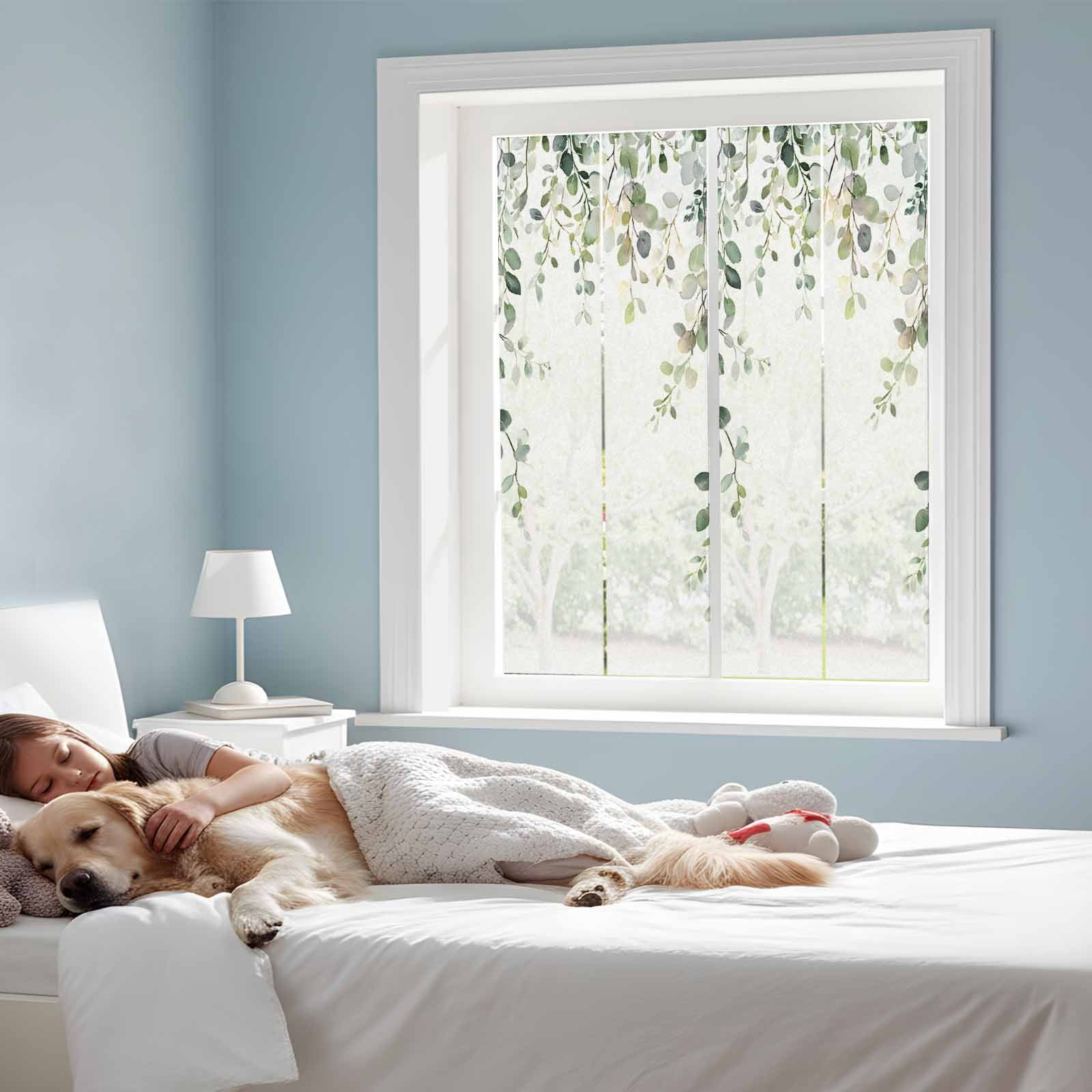 Removable Glass Window Covering, Eucalyptus Leaves Window Privacy Film Frosted, Pastoral Farmhouse Spring Botanical Decorative Privacy Windows Film for Bedroom, Living Room, 19.6 x 39.3 Inches