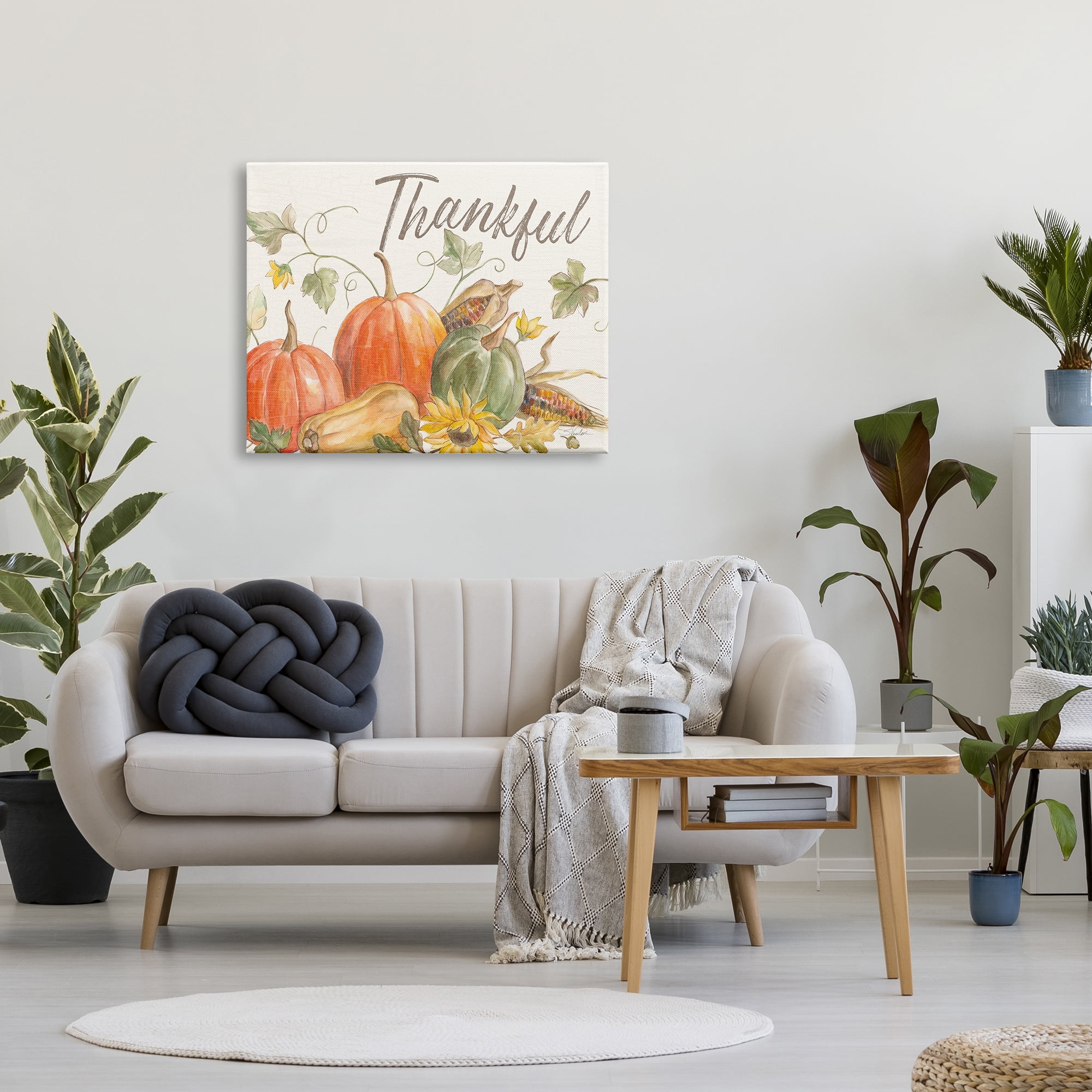 Stupell Industries Thankful Sentiment Autumn Pumpkin Corn Harvest Food & Beverage Painting Gallery Wrapped Canvas Print Wall Art, 30 x 40