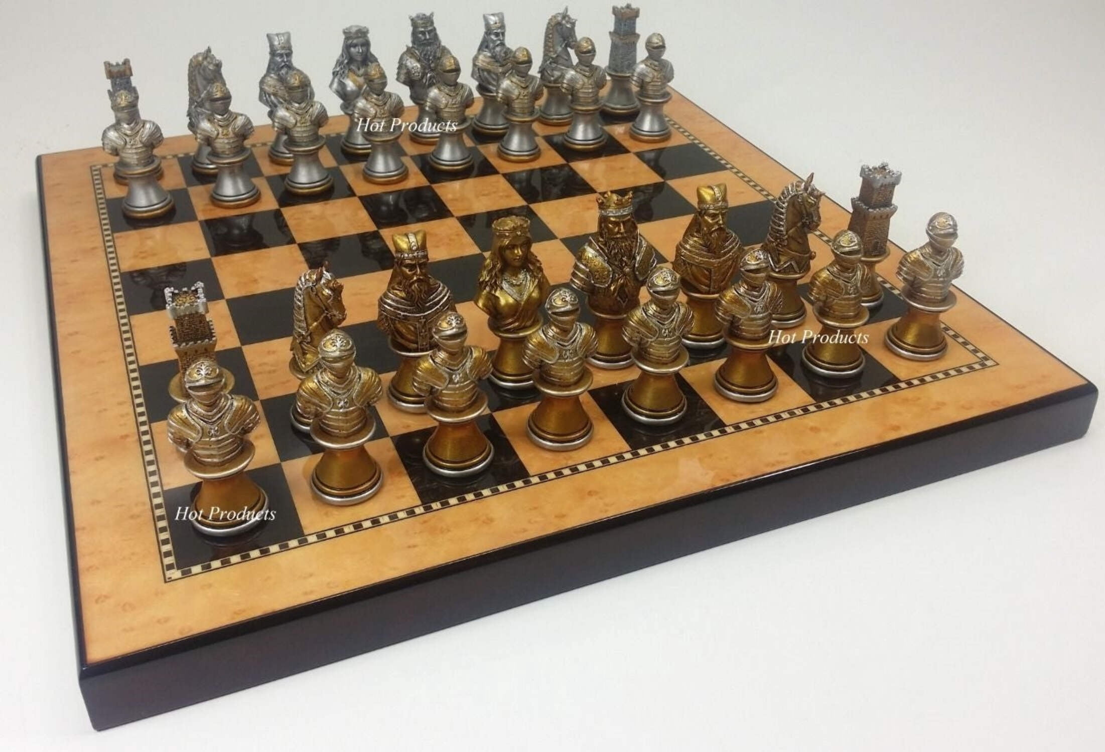 Medieval Times Crusades Busts GOLD SILVER Chess Set Walnut  Maple Color BD 15"