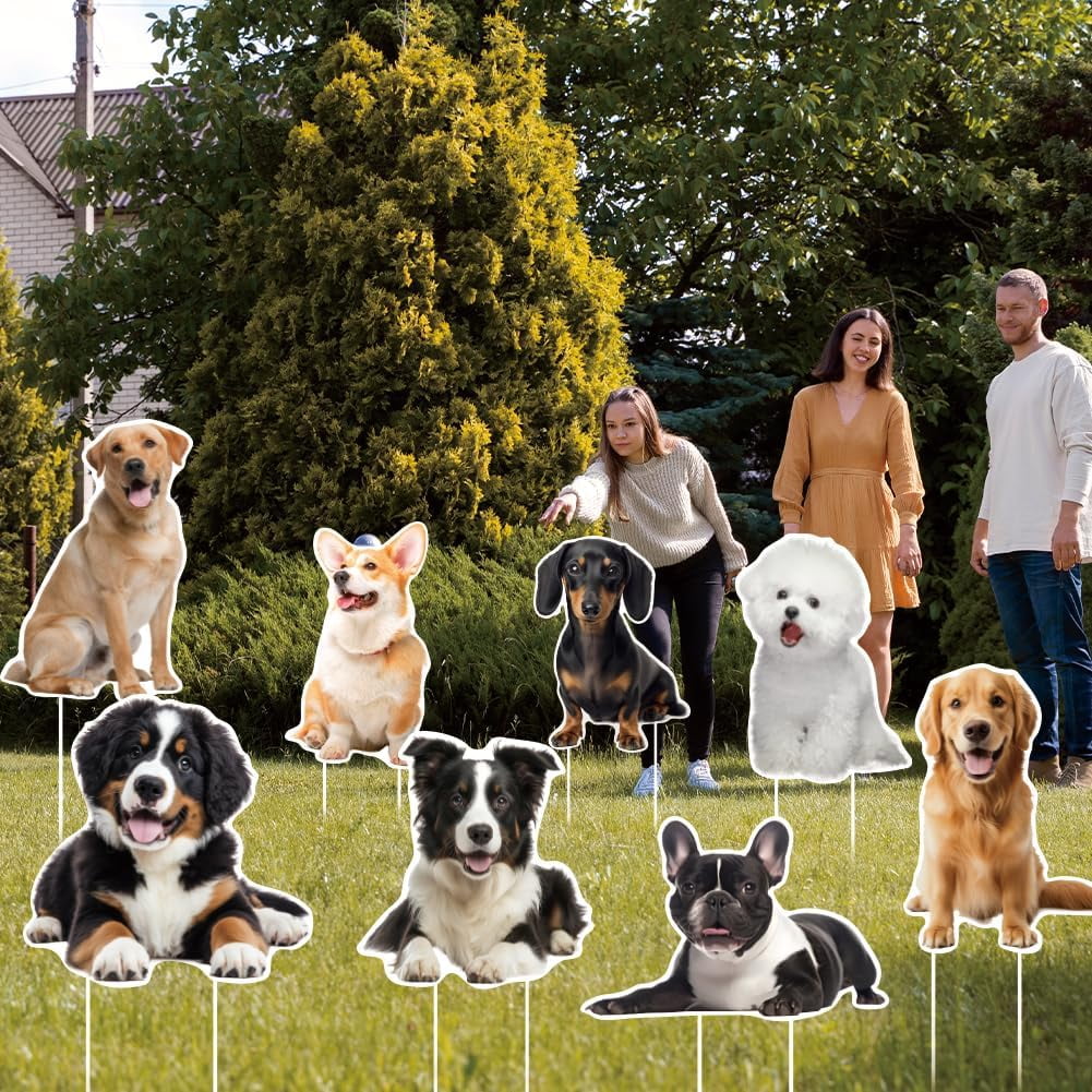 8Pcs Dog Yard Sign with 16 Stakes Cute Dog Party Lawn Decorations Animal Theme Party Waterproof Sign Yard Outdoor Lawn Decorative Sign