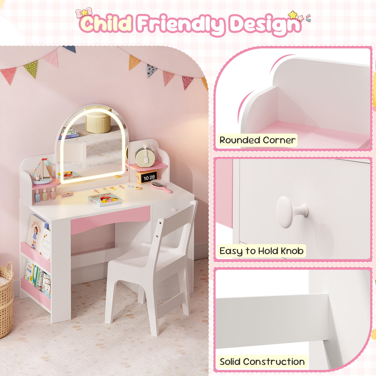 Haewon 35" Kids White Vanity with Lighted Mirror & Charging Station, Kids Vanity Table and Chair Set with Storage Cabinet & Drawers, Vanity for Kids, White