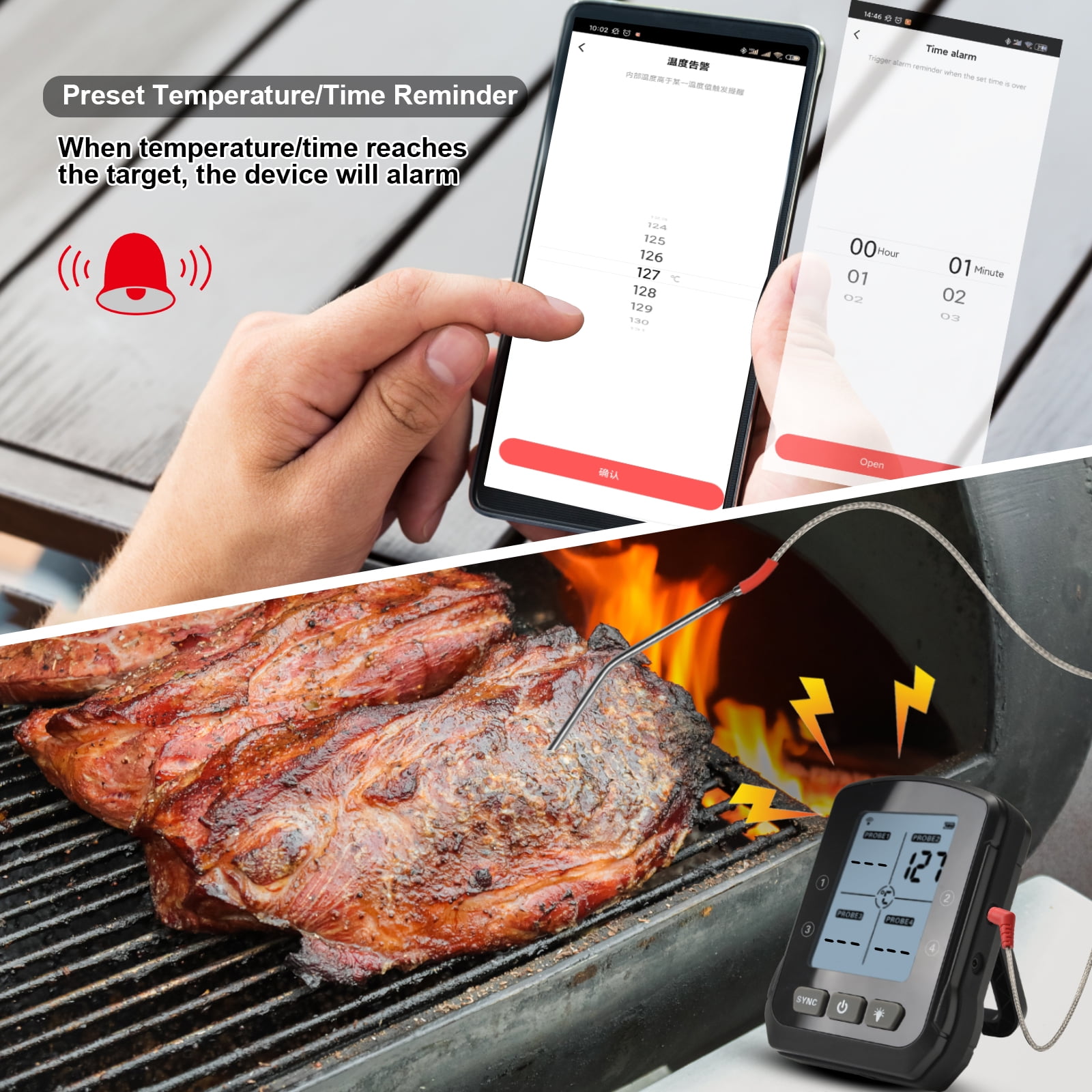 Wireless Grill Thermometer, Bluetooth Wifi, 4 Probes, 2 Meat Claws